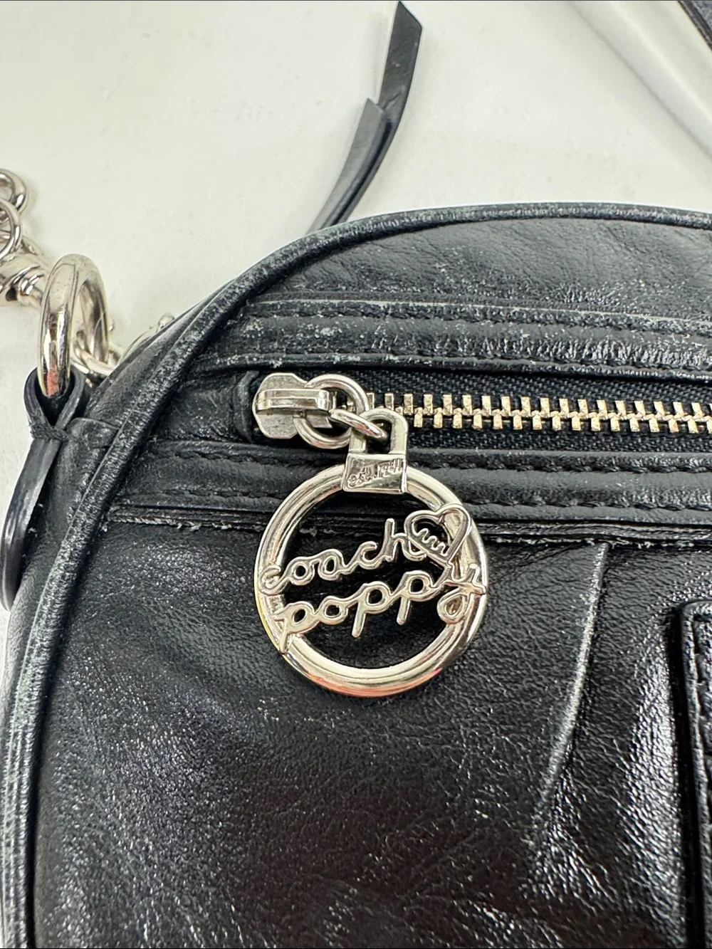 Coach Poppy Black Leather Crossbody with Silver zip & Charm purple lining